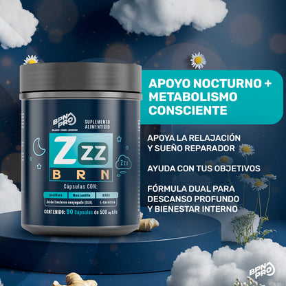 Zzz BRN | Pastillas Nocturnas Con CLA, l-Carnitina, GABA, Manzanilla 90 Cápsulas