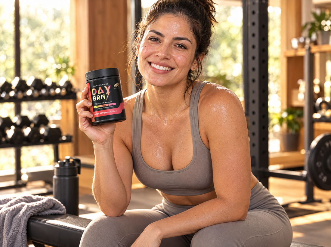 Mujer sonriendo en el gym con DAY BRN