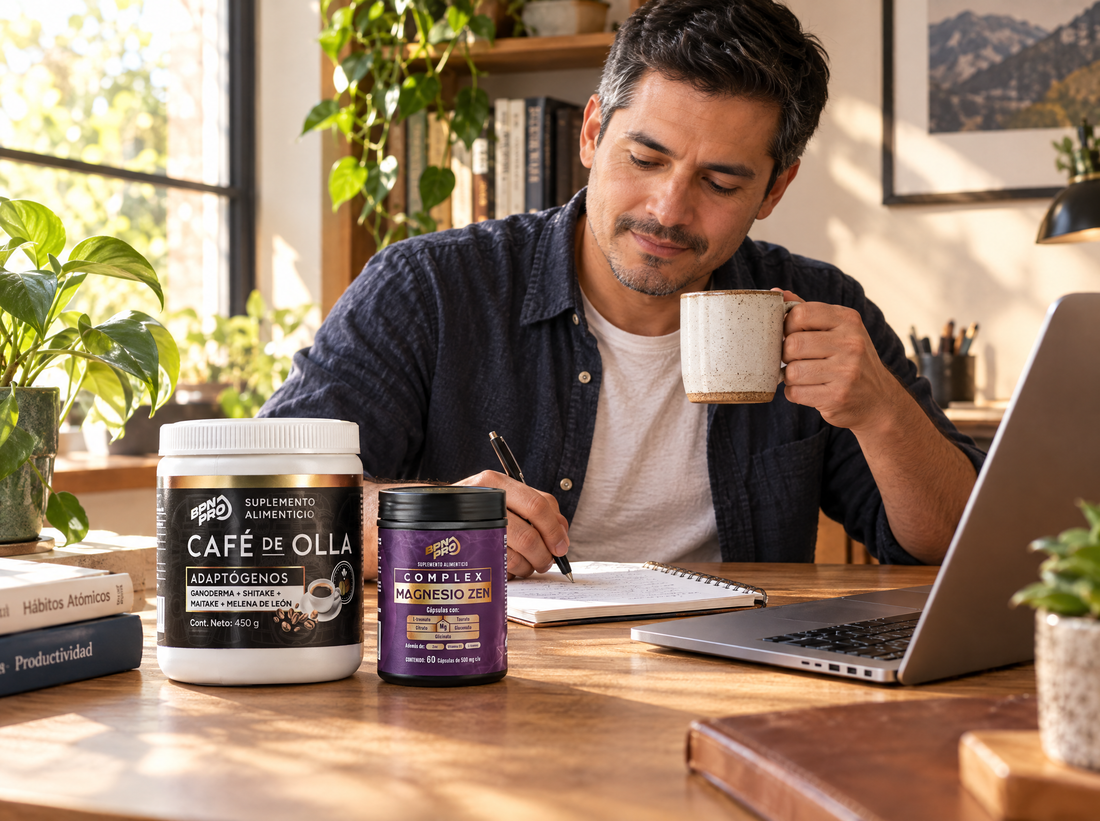 Hombre trabajando en casa con Café de Olla y Magnesio ZEN